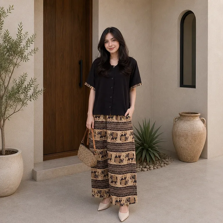 One Set Wanita Bahan Twill Kombinasi Rayon Viscose Premium Motif Busui Friendly Celana Kulot Full Kancing Aktif